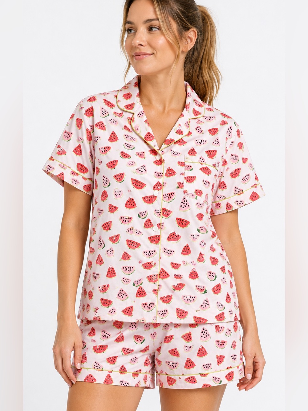 Crafted By Mahogany 100% Cotton Watermelon Print Shorts & Button Down Pajama Set